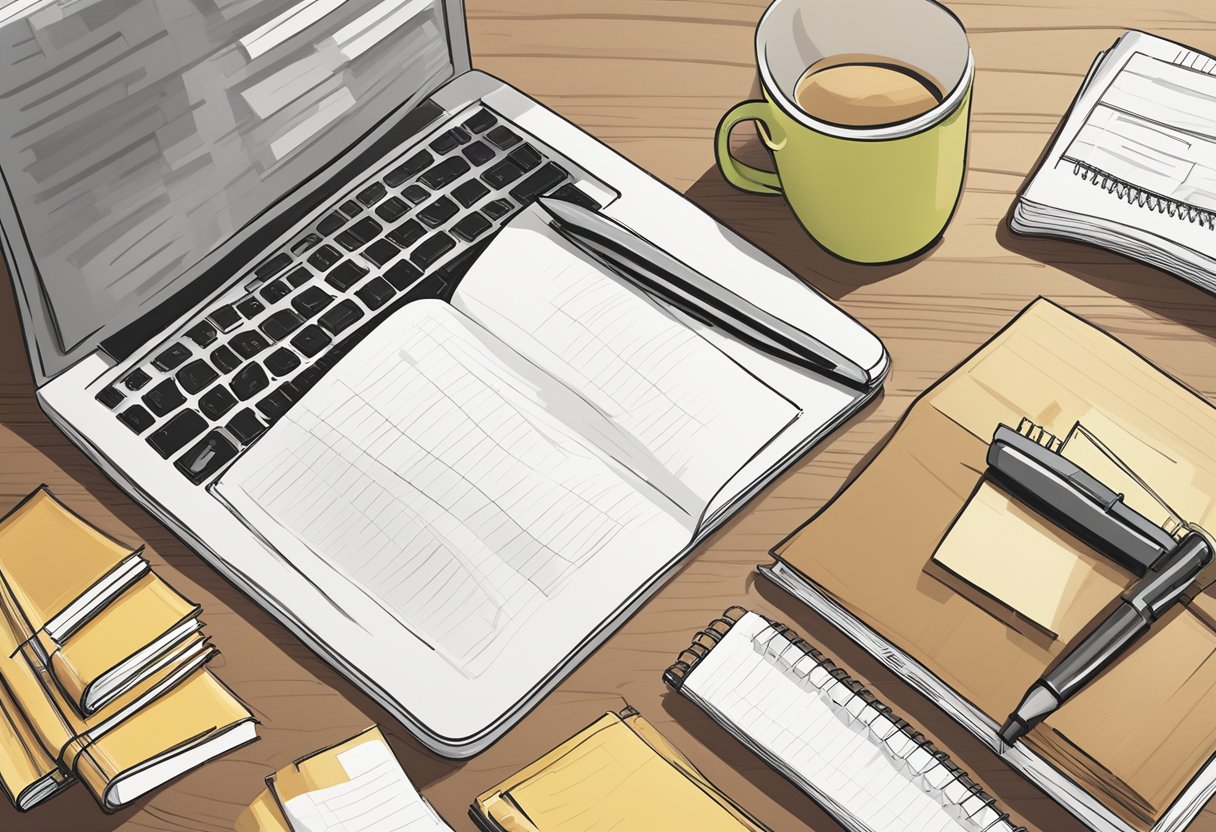 A desk with a laptop displaying "Thinker's Guide to Critical Thinking" and a stack of books titled "10 Online Resources to Improve Your Critical Thinking Skills." A notepad and pen are next to the laptop