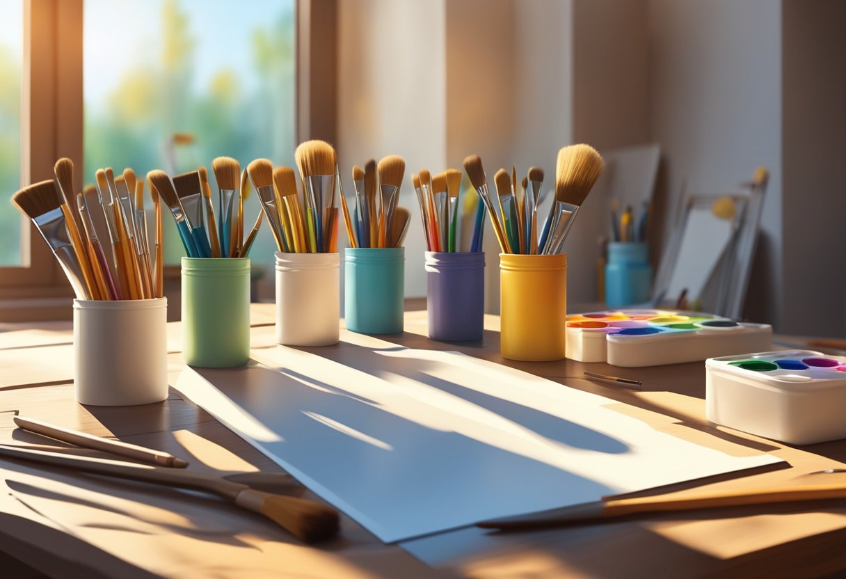 Colorful tubes of paint, brushes, and a blank canvas arranged on a wooden table in a sunlit room