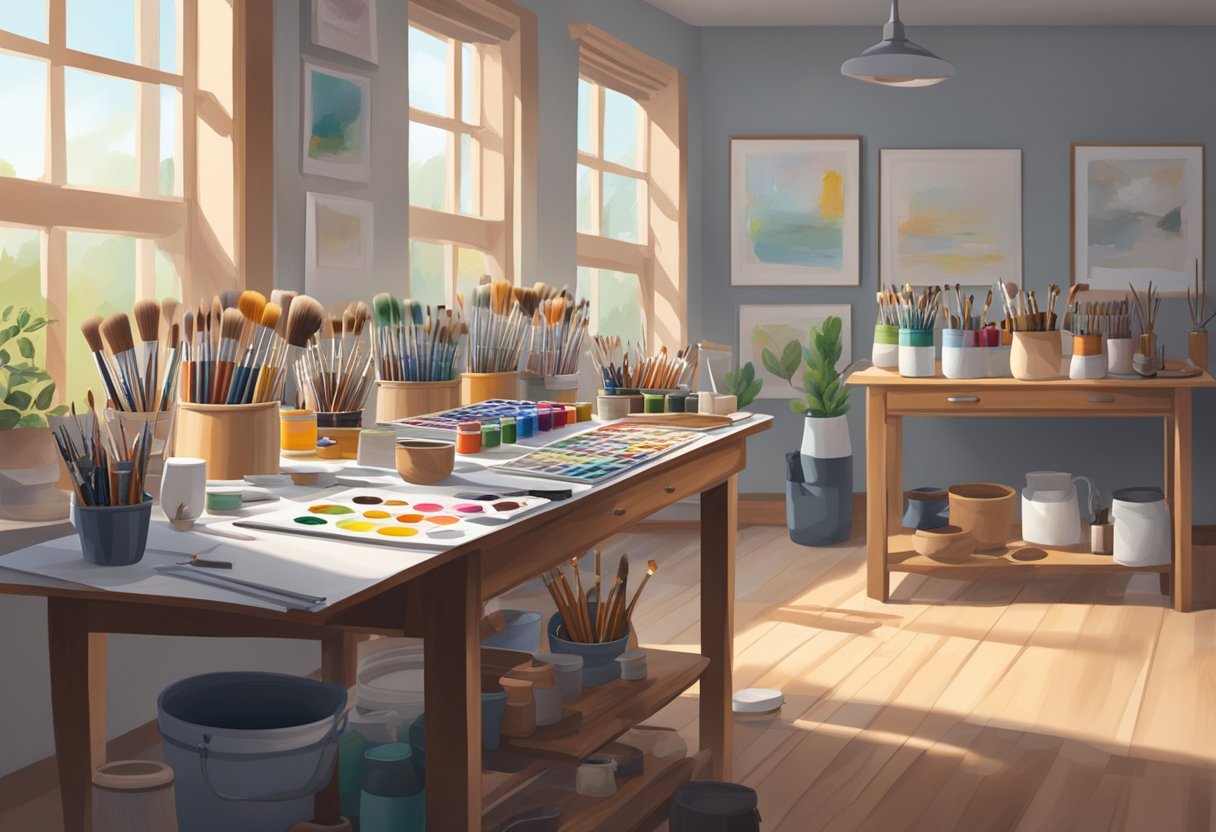 A clean, well-lit studio with an organized array of paintbrushes, palettes, and tubes of paint neatly arranged on a spacious table