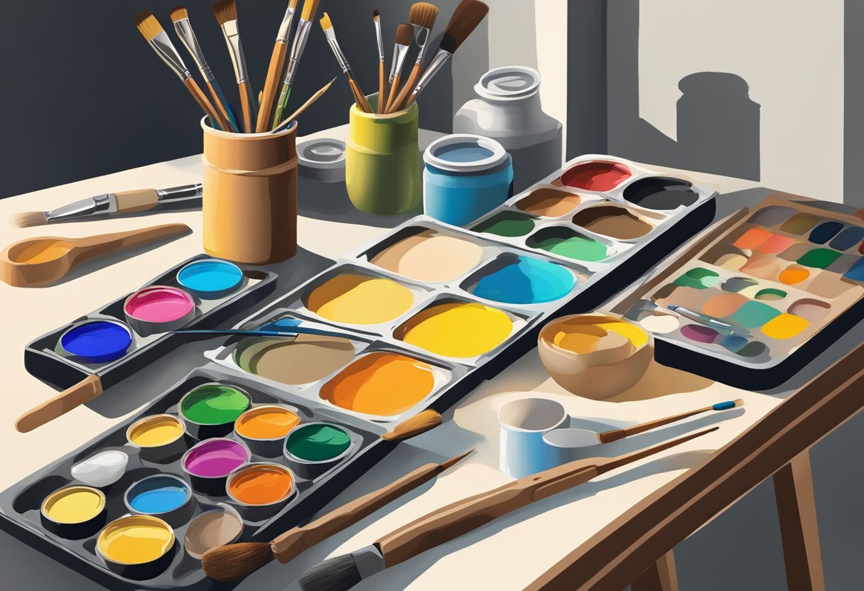 A table with various paint accessories and surfaces, including brushes, palettes, canvases, and paint tubes arranged neatly. Light is casting shadows on the objects, creating an interesting composition for an illustrator to recreate