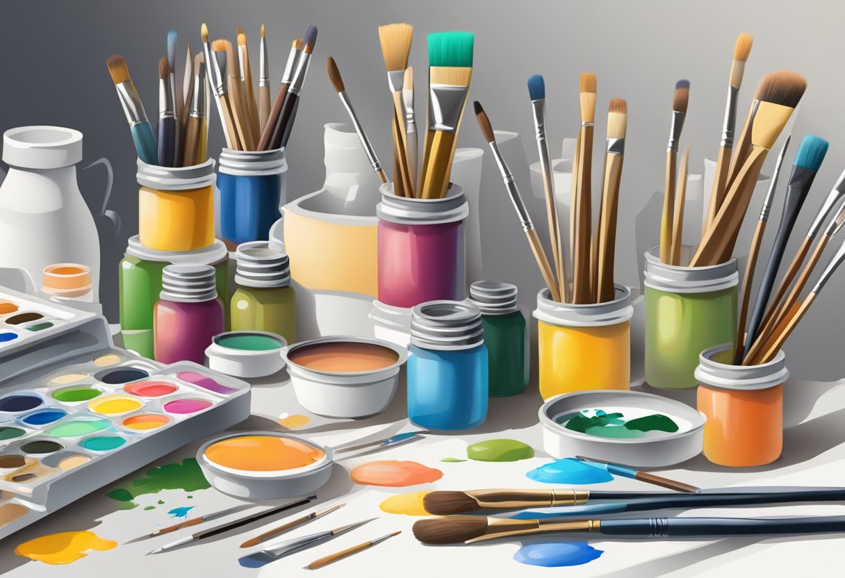 A table with various painting supplies scattered: brushes, palette, tubes of paint, and a blank canvas ready to be transformed