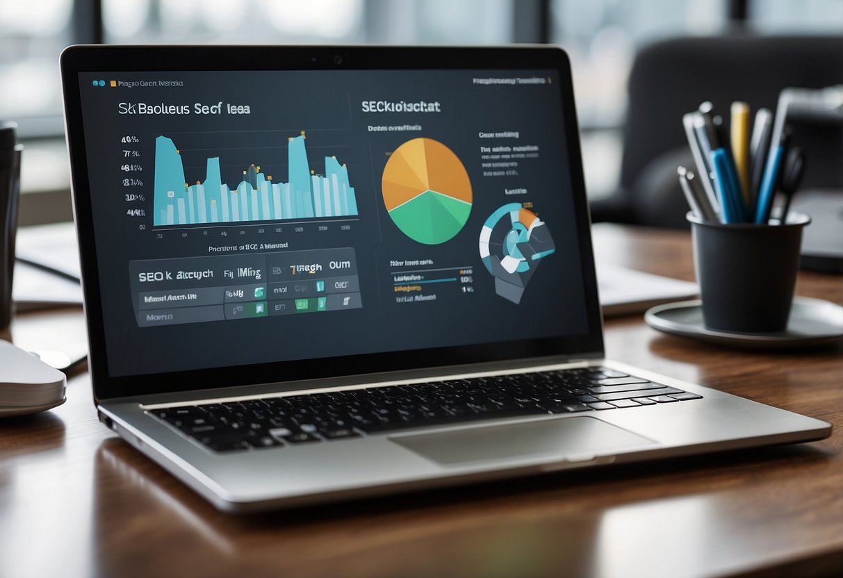 A laptop displaying a dashboard with various SEO metrics, surrounded by office supplies and a whiteboard with keyword research and content ideas