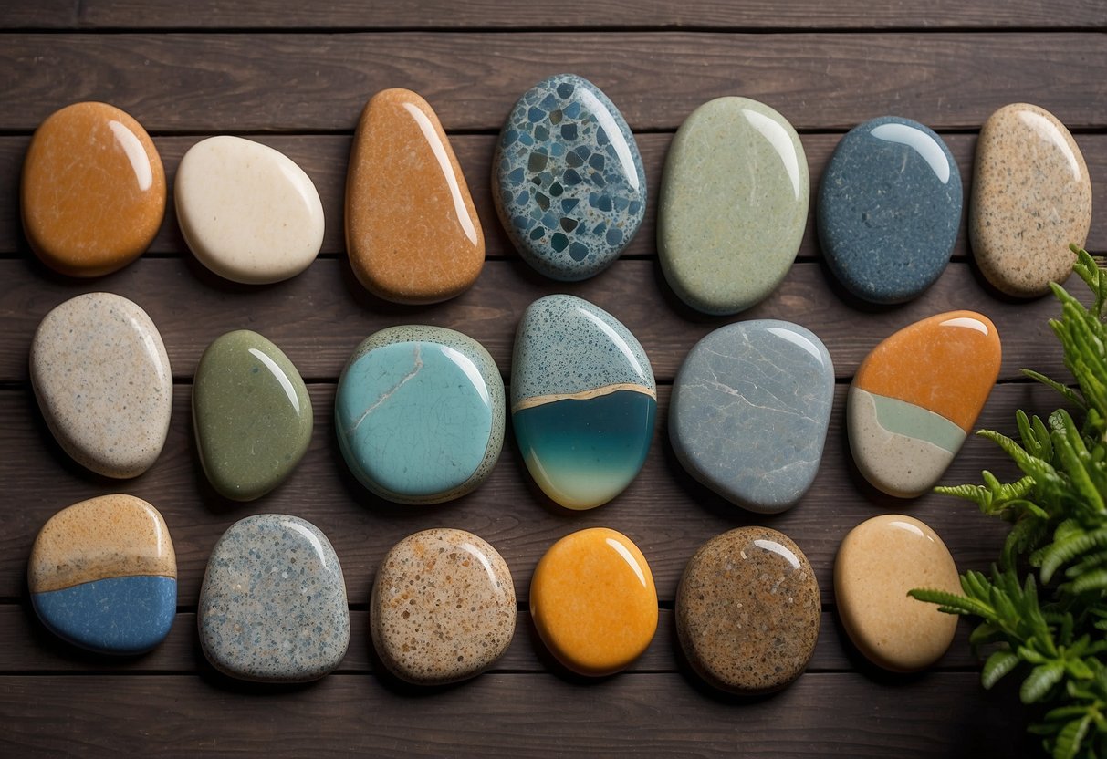 A collection of 18 DIY stone ideas, including garden stepping stones, mosaic art, and rock painting, displayed on a wooden table with natural lighting