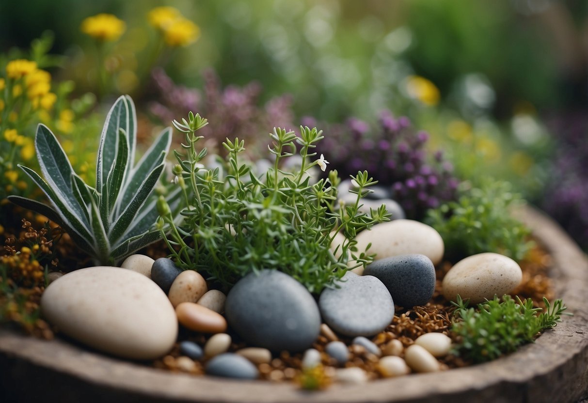 A spiral of various herbs and stones arranged in a DIY garden project