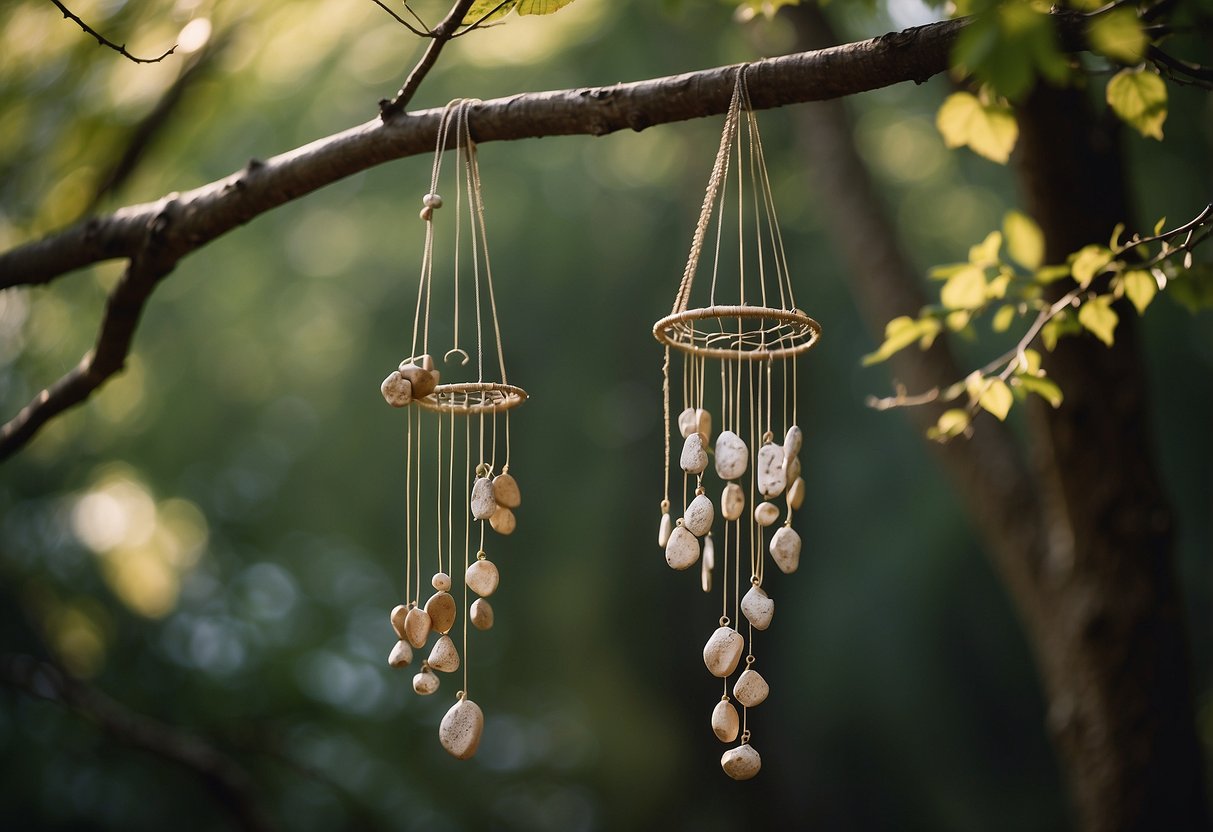 A collection of rock wind chimes hanging from a tree branch, creating a natural and peaceful atmosphere