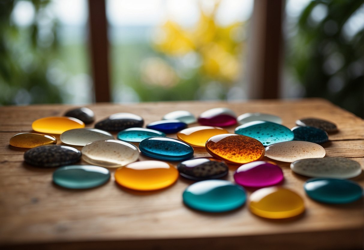 A collection of colorful pebble coasters arranged on a wooden table, with natural light streaming in from a nearby window, casting soft shadows