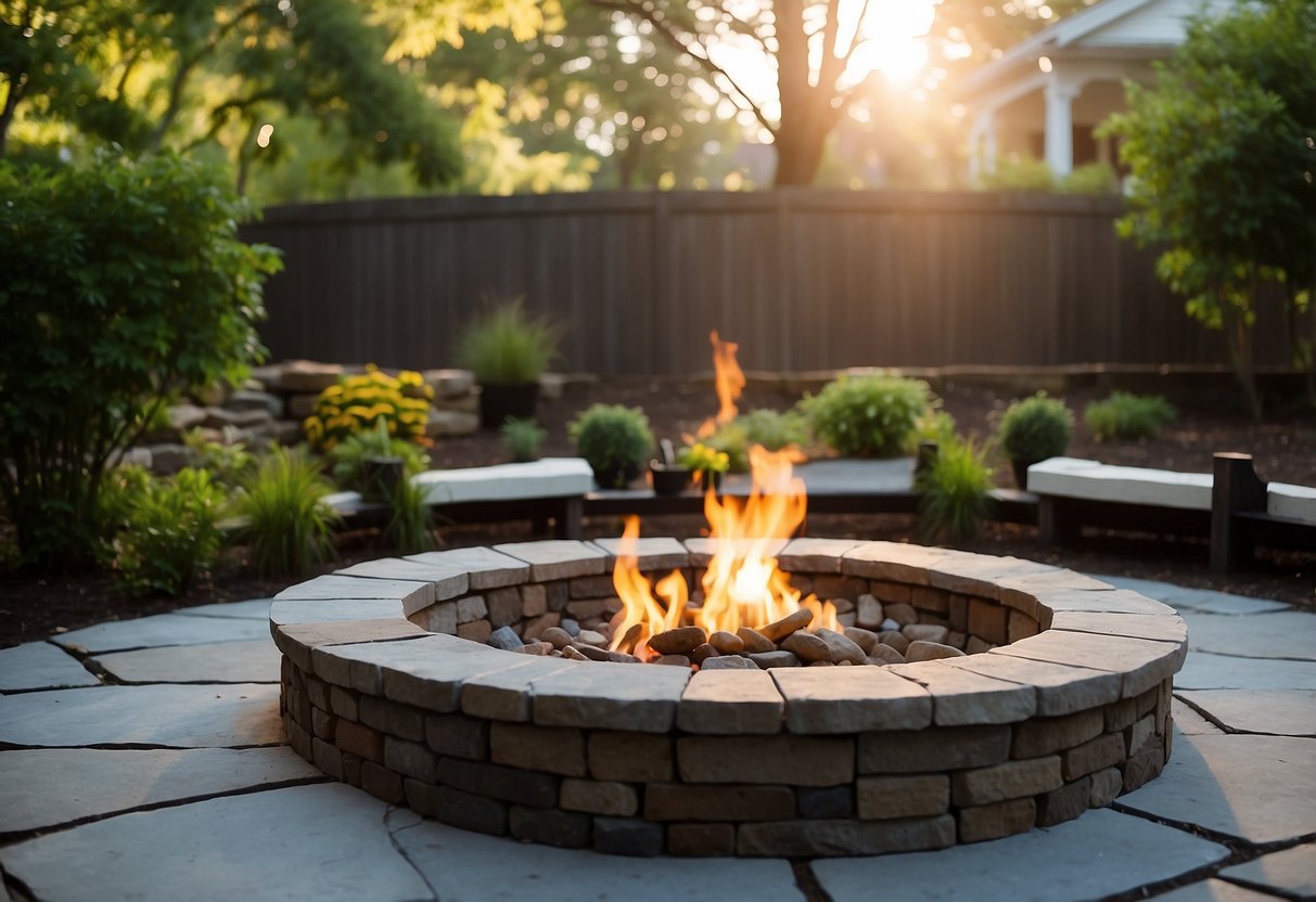 A backyard patio with a stone fire pit, surrounded by DIY stone benches and a pathway leading to a stone fountain