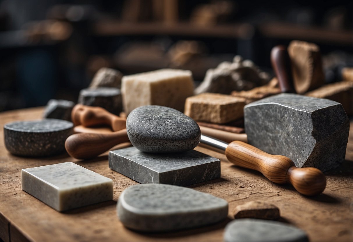 A table with various stone carving tools, chisels, hammers, and sandpaper. A stack of different types and sizes of stones, including marble, granite, and limestone