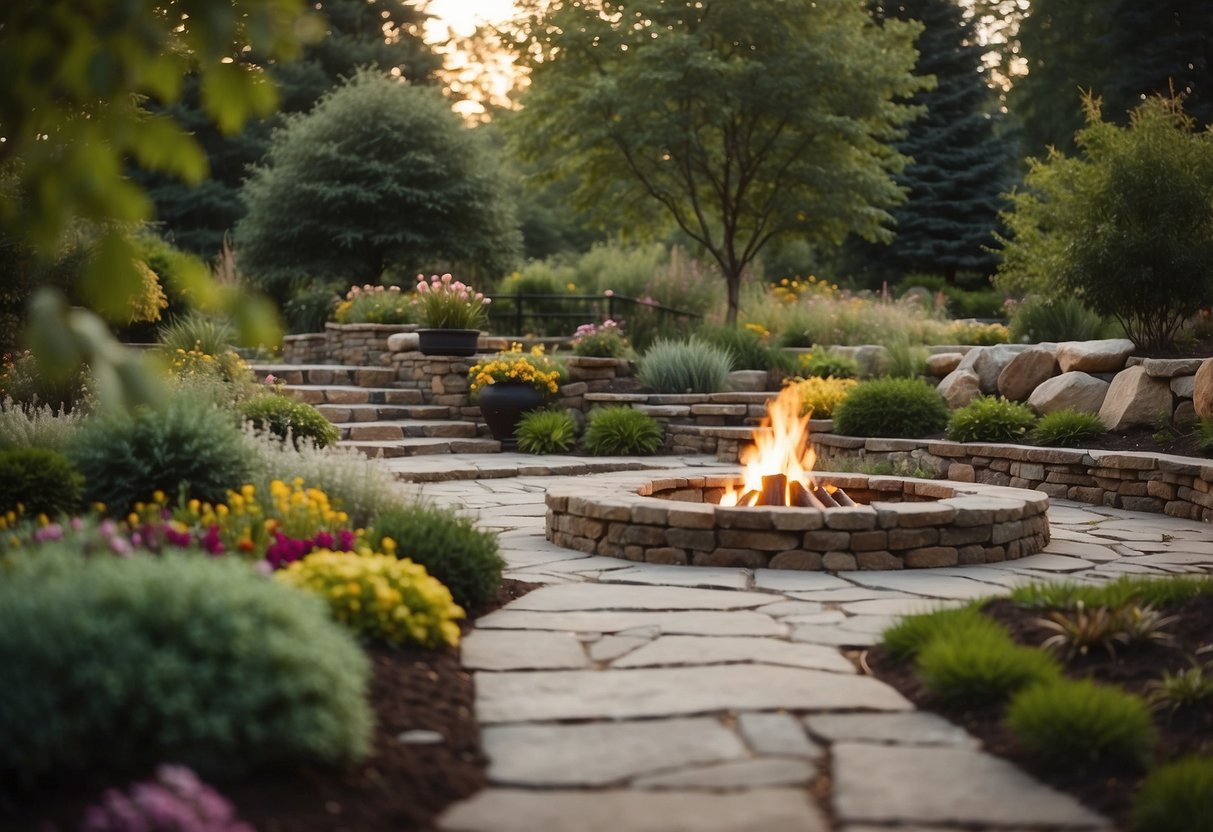 A serene garden with a stone pathway leading to a cozy seating area surrounded by DIY stone sculptures and a stone fire pit