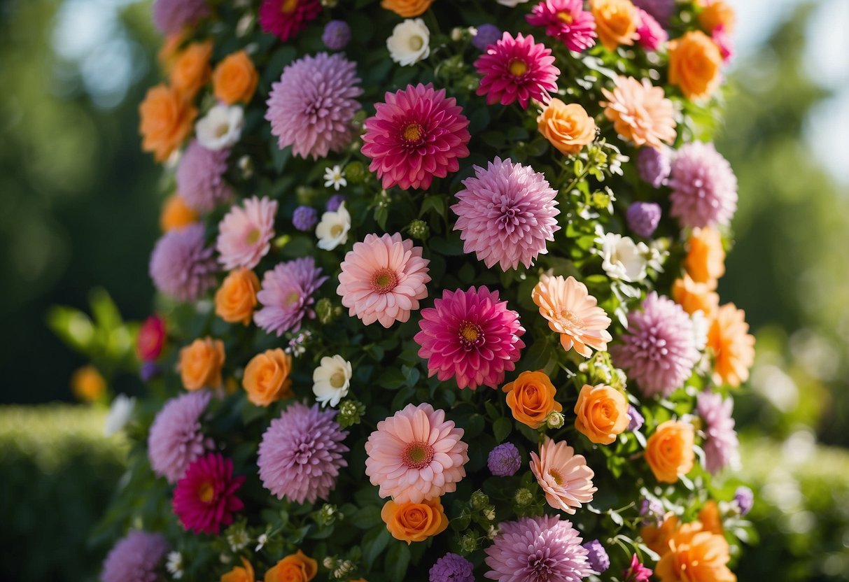 A tall tower made entirely of colorful flowers, standing amidst a lush green garden, with a variety of blooms cascading down the sides