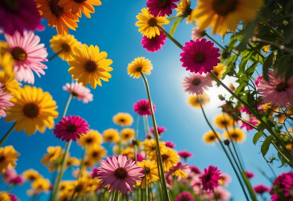 A tall, vibrant flower tower stands against a blue sky, with a variety of colorful flowers arranged in a pallet-style pattern