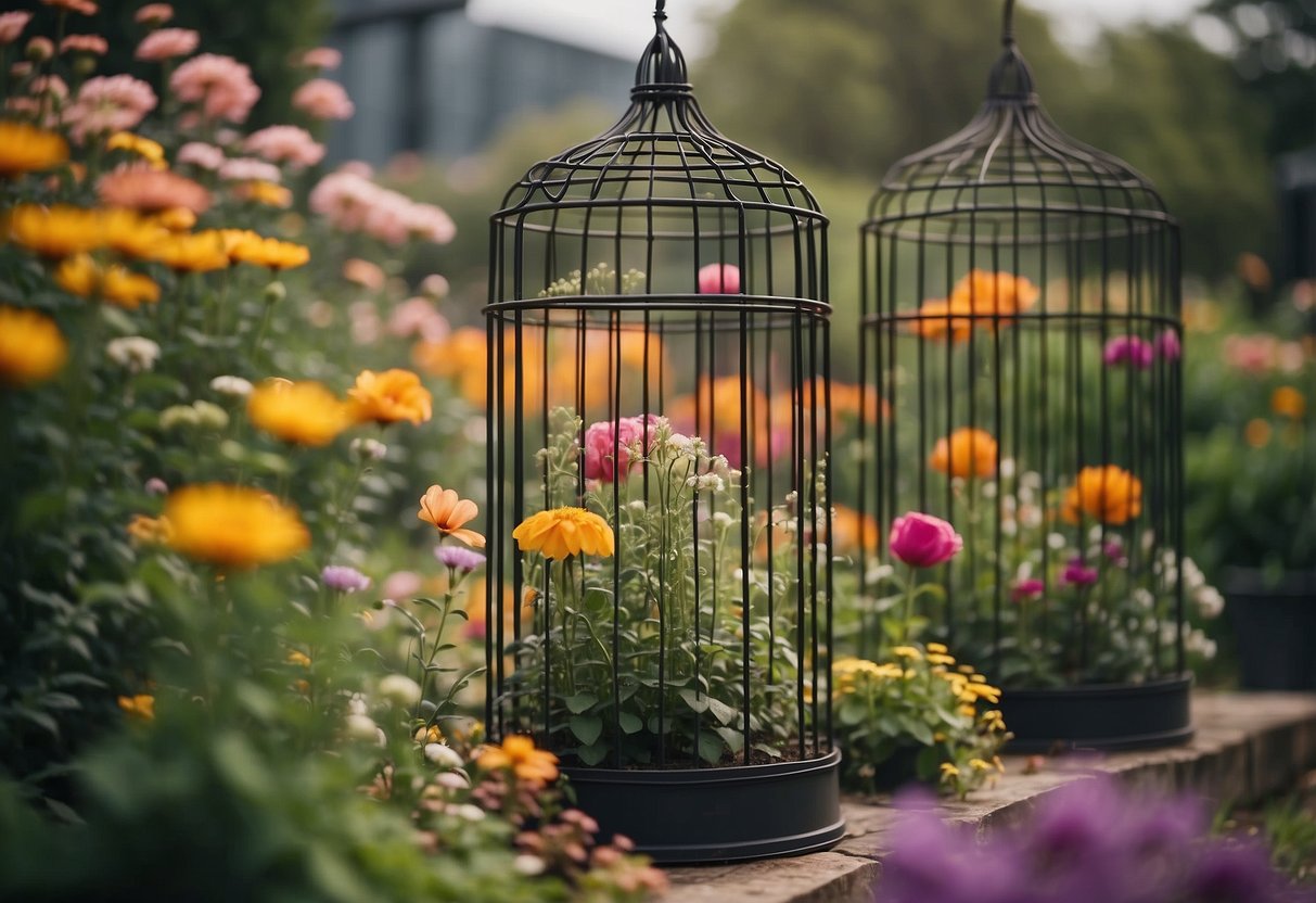 A tall wire cage filled with blooming flowers, standing among a garden of 20 different flower tower ideas