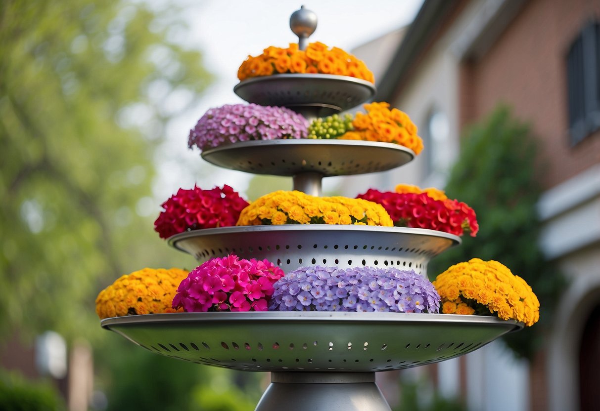 A towering structure made of colanders, adorned with vibrant flowers in a variety of colors and sizes