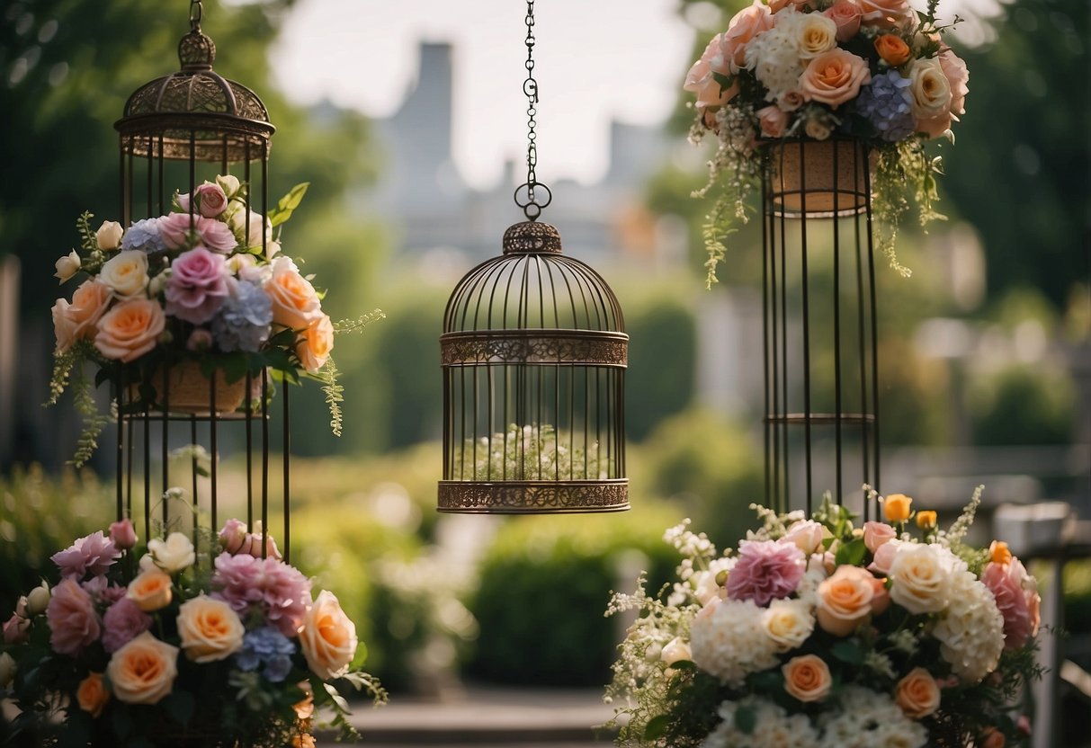 A birdcage sits atop a flower tower, surrounded by 20 different flower arrangements