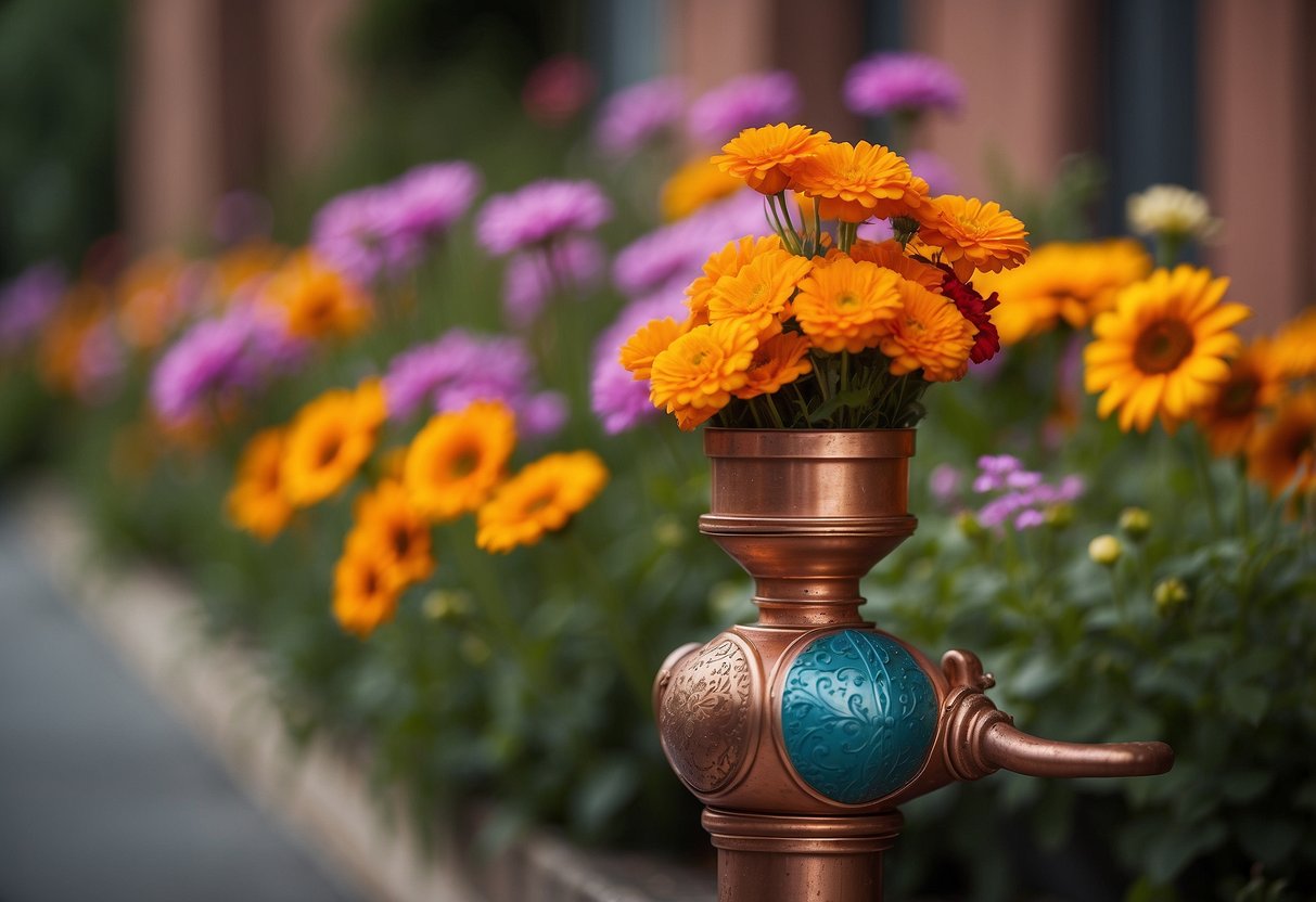 A tall copper pipe tower adorned with 20 vibrant flowers in a variety of colors and sizes, creating a stunning and unique display