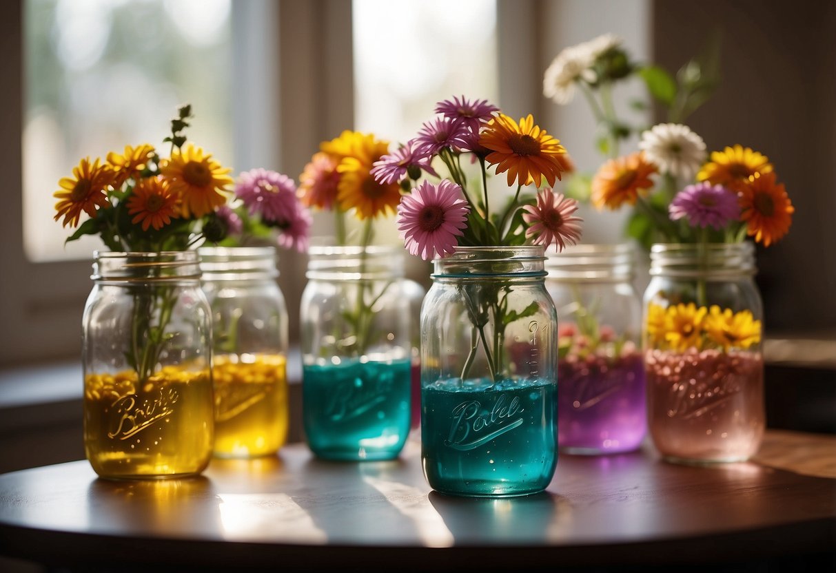 A tall mason jar filled with colorful flowers, surrounded by smaller jars, creating a flower tower