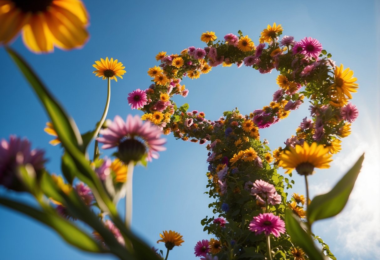 A towering spiral of colorful flowers reaching towards the sky, creating a stunning and vibrant display of nature's beauty