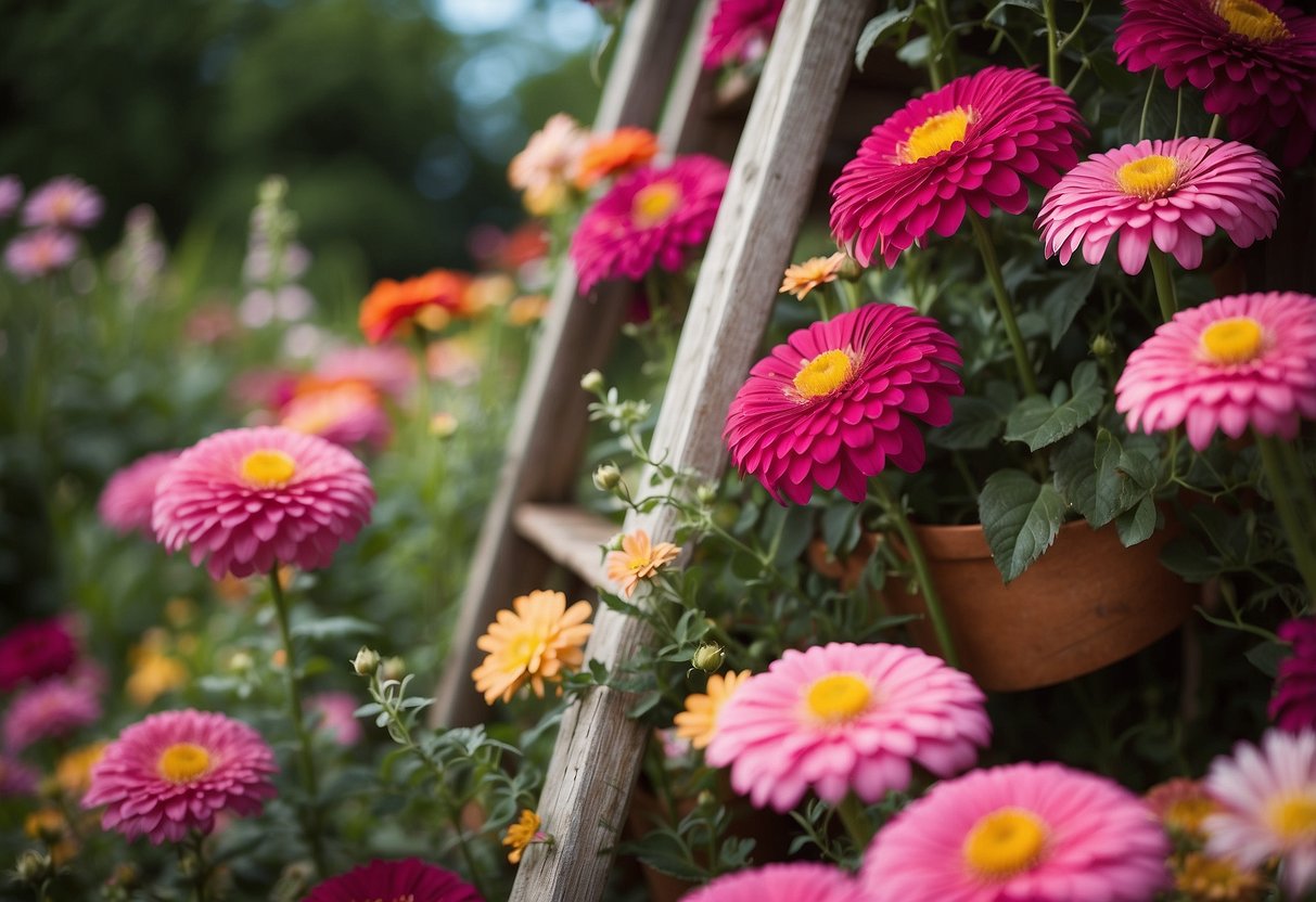 A tall leaning ladder adorned with colorful flowers, creating a unique and vibrant flower tower