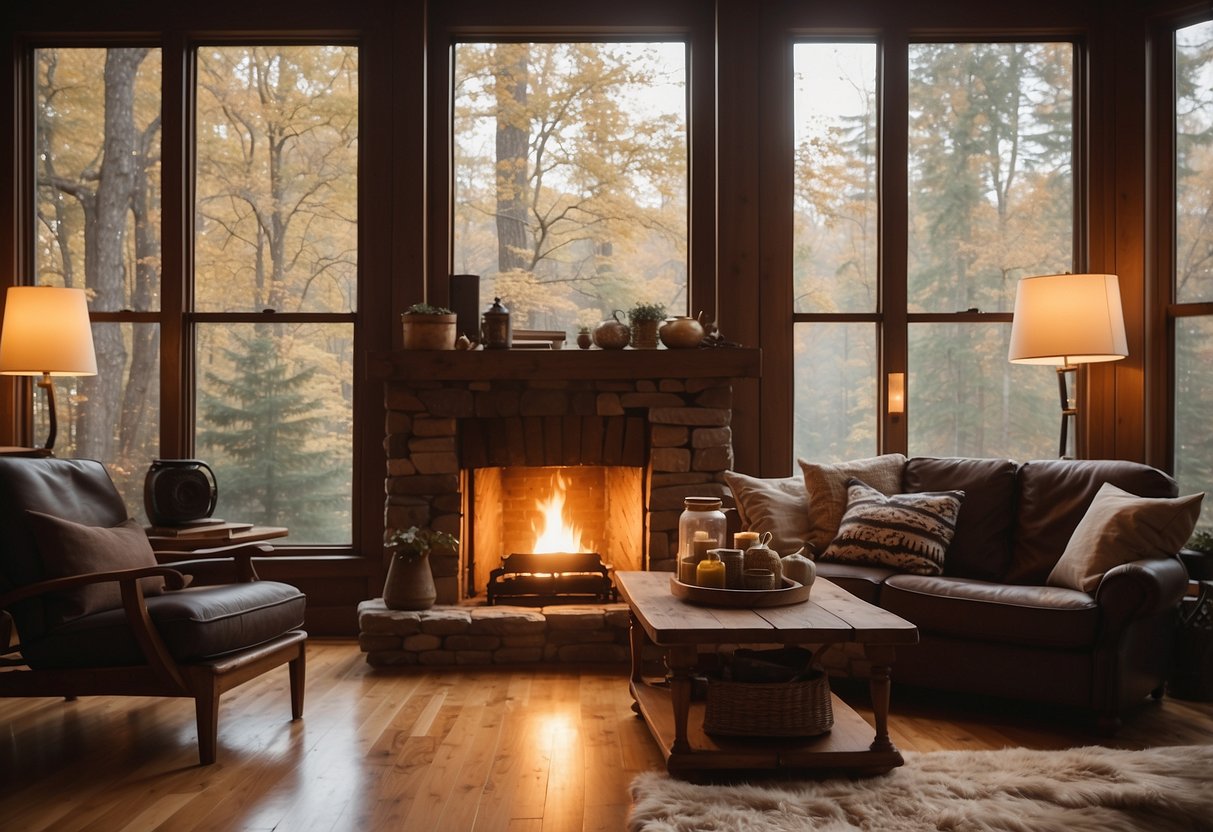 A cozy living room with a crackling fireplace, sunlight streaming in through large windows, and a well-maintained hardwood floor