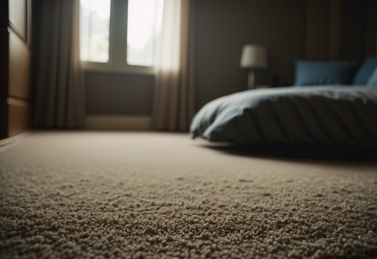 Faded, frayed carpeting in dimly lit room, showing signs of wear and tear