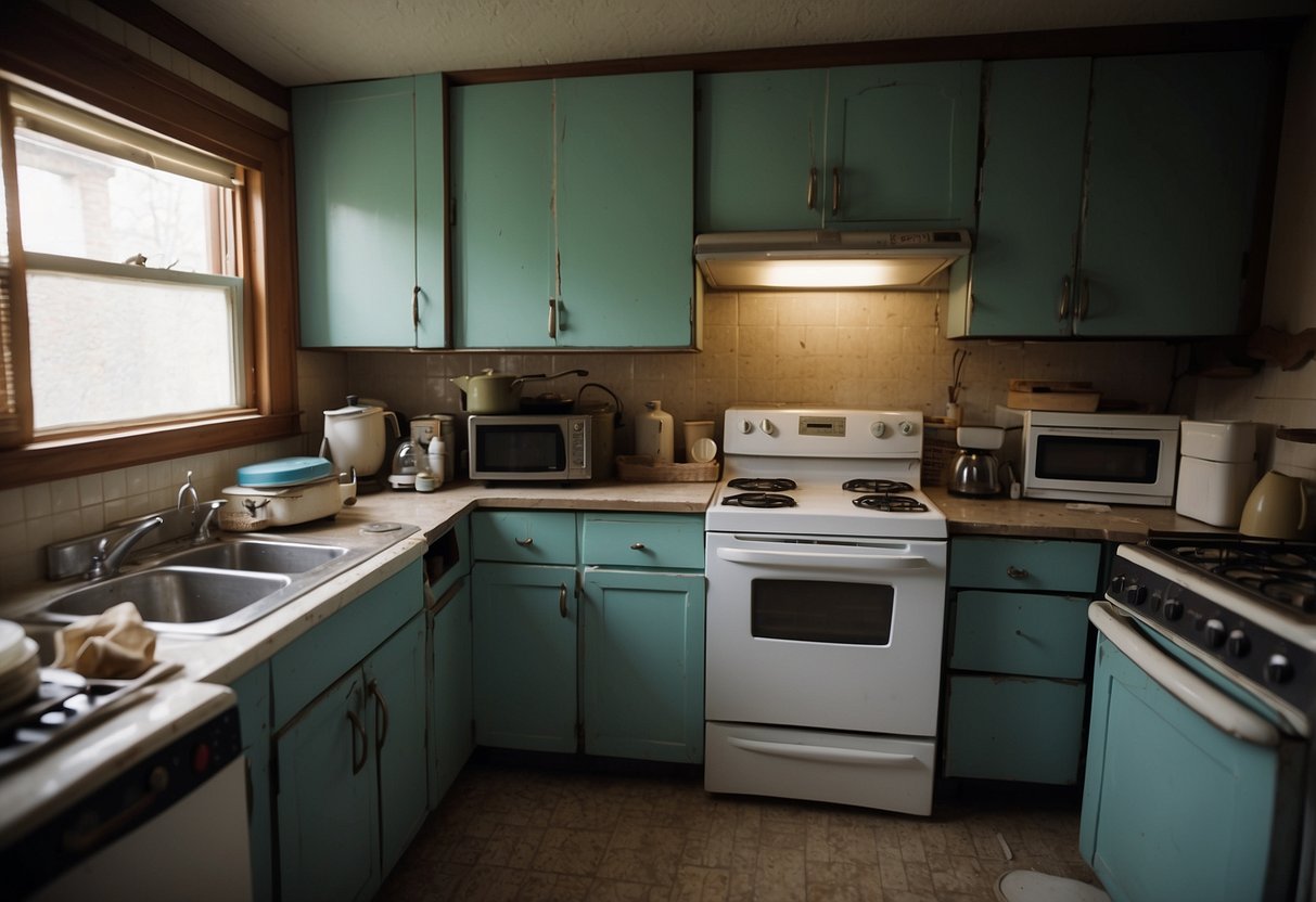 A cluttered kitchen with outdated appliances and chipped countertops. Stained cabinets and peeling paint on the walls