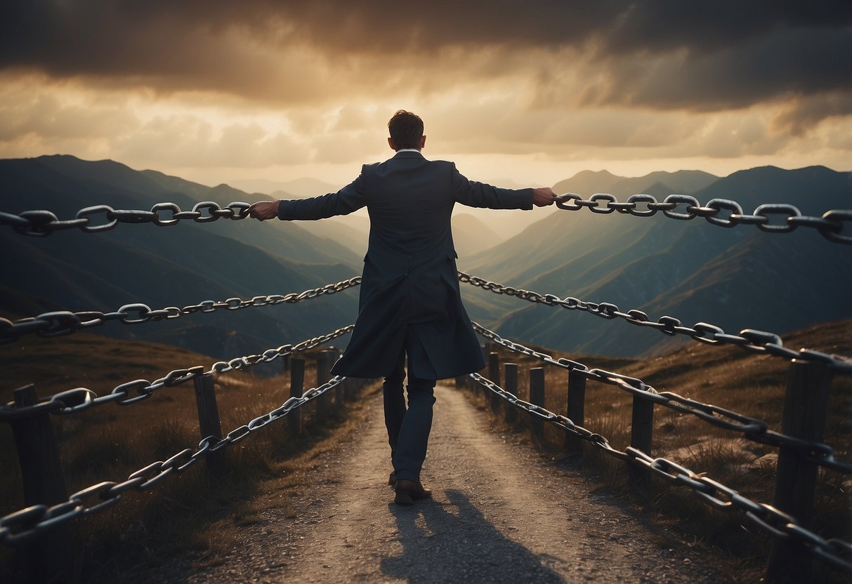 A person stands tall, breaking free from chains labeled "Narcissistic Manipulation." 6 other paths lead away