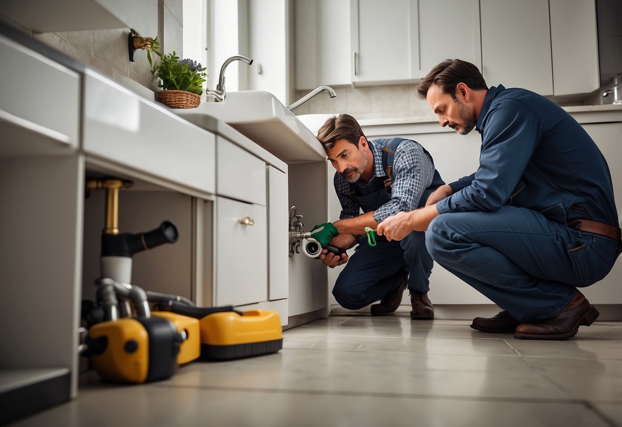 A plumber fixing a leak under a sink with SEO keywords and tools nearby