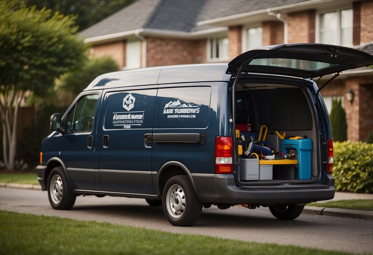 A plumber's van parked outside a house, with a logo and contact information visible. A laptop and toolbox inside the van, with a website open on the screen