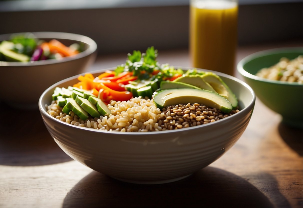 A colorful array of vegan grain bowls, filled with quinoa, brown rice, and mixed vegetables, topped with avocado slices and drizzled with a tahini dressing