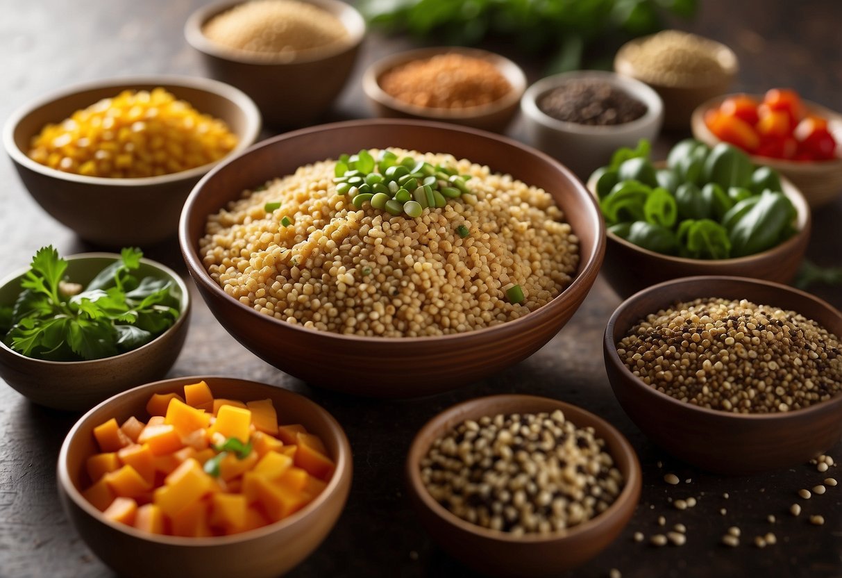 A colorful array of quinoa, lentils, tofu, and fresh vegetables arranged in vibrant bowls