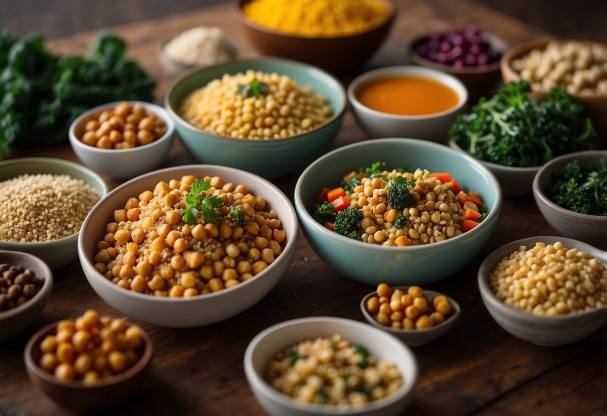 A table spread with colorful vegetables, grains, and tofu. Bowls filled with quinoa, kale, and roasted chickpeas. A variety of sauces and toppings arranged neatly