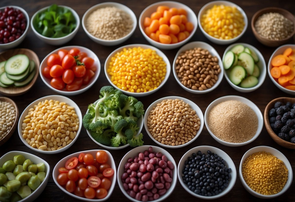 A colorful array of fresh vegetables, grains, and legumes arranged in separate bowls, ready to be combined into a vibrant and nutritious vegan grain bowl