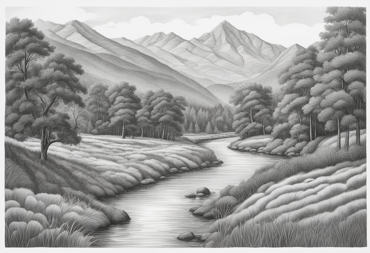 A winding river flows through a valley, leading towards distant mountains. Trees and foliage line the riverbanks, with varying sizes and distances to convey depth