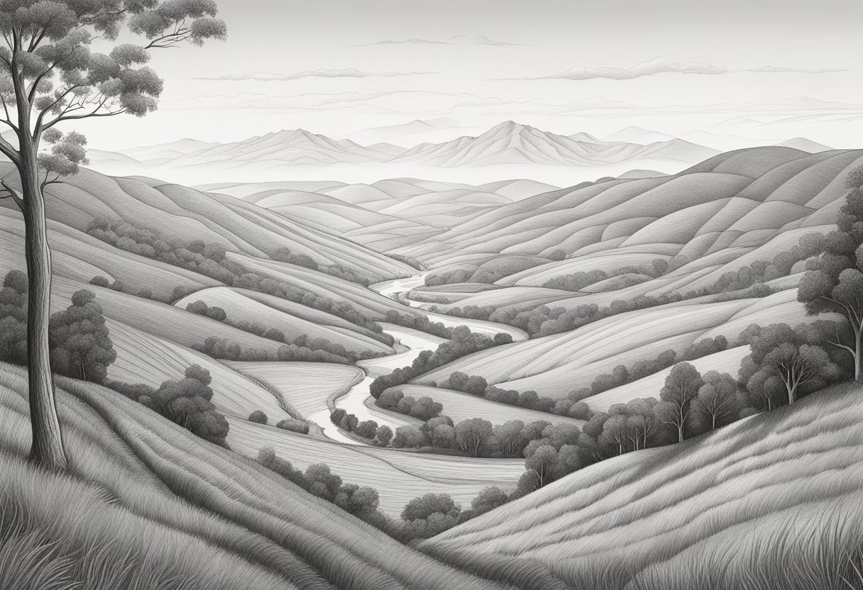 A vast landscape with rolling hills, winding rivers, and distant mountains. Trees and foliage dot the scene, creating depth and perspective