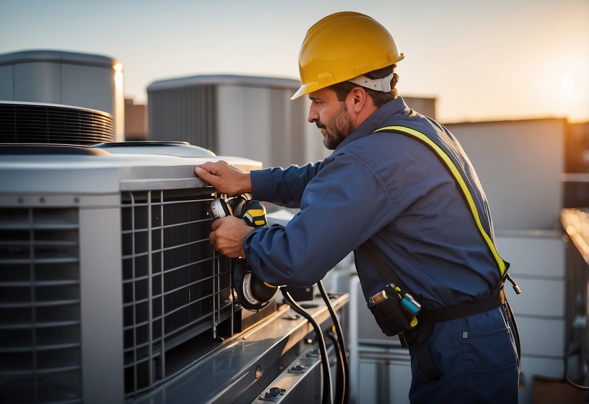 A technician installs a new HVAC unit on a rooftop, surrounded by tools and equipment. The company's logo is visible on the technician's uniform