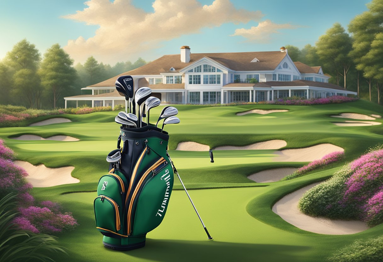 A golf bag with Trump-branded clubs sits beside a pristine green, surrounded by lush fairways and a clubhouse in the background