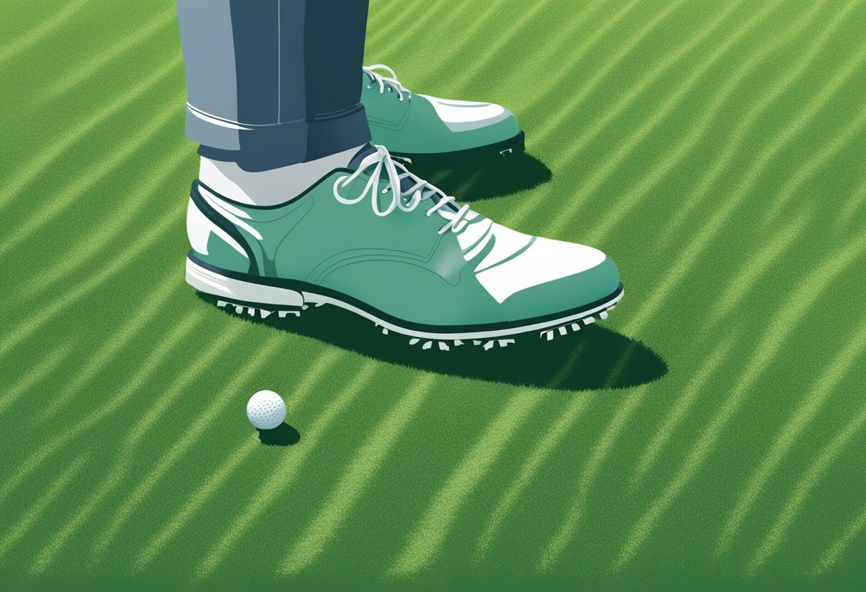 A golfer's foot presses into the soft grass, the new golf shoes leaving a distinct imprint on the ground