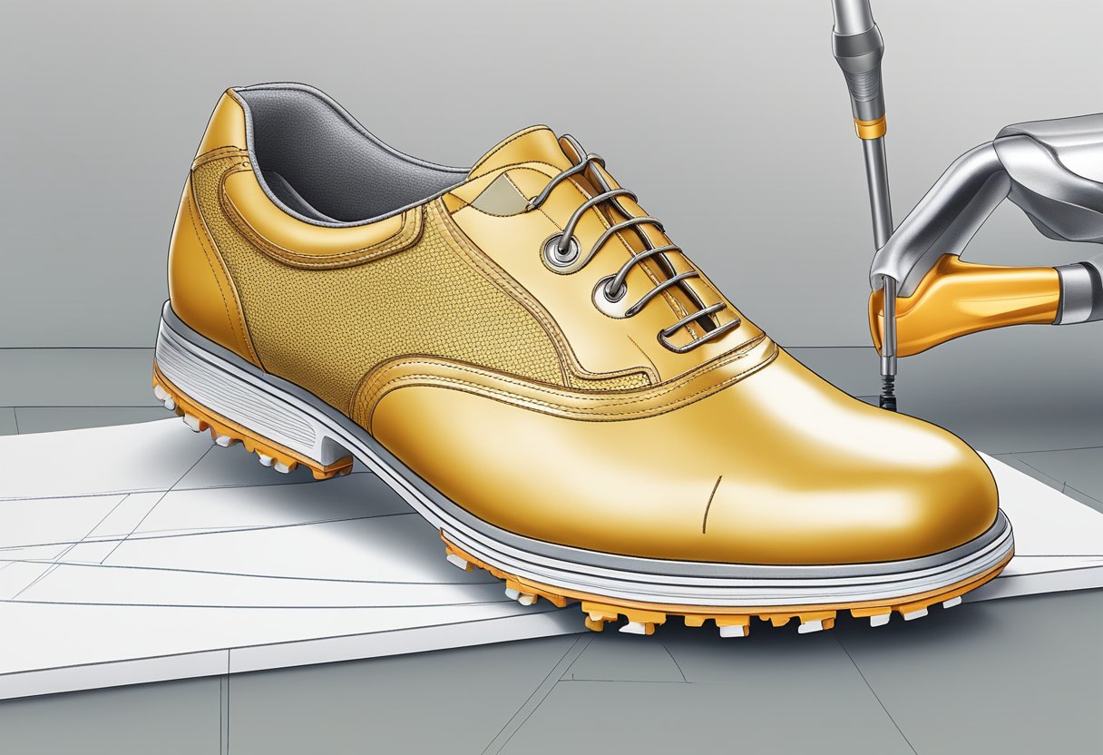 A golf shoe being constructed, with a focus on the stitching and sole attachment process