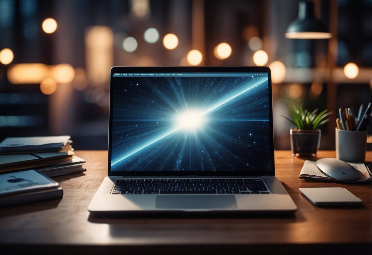 A laptop surrounded by various marketing materials and content creation tools on a desk, with a bright spotlight shining on it