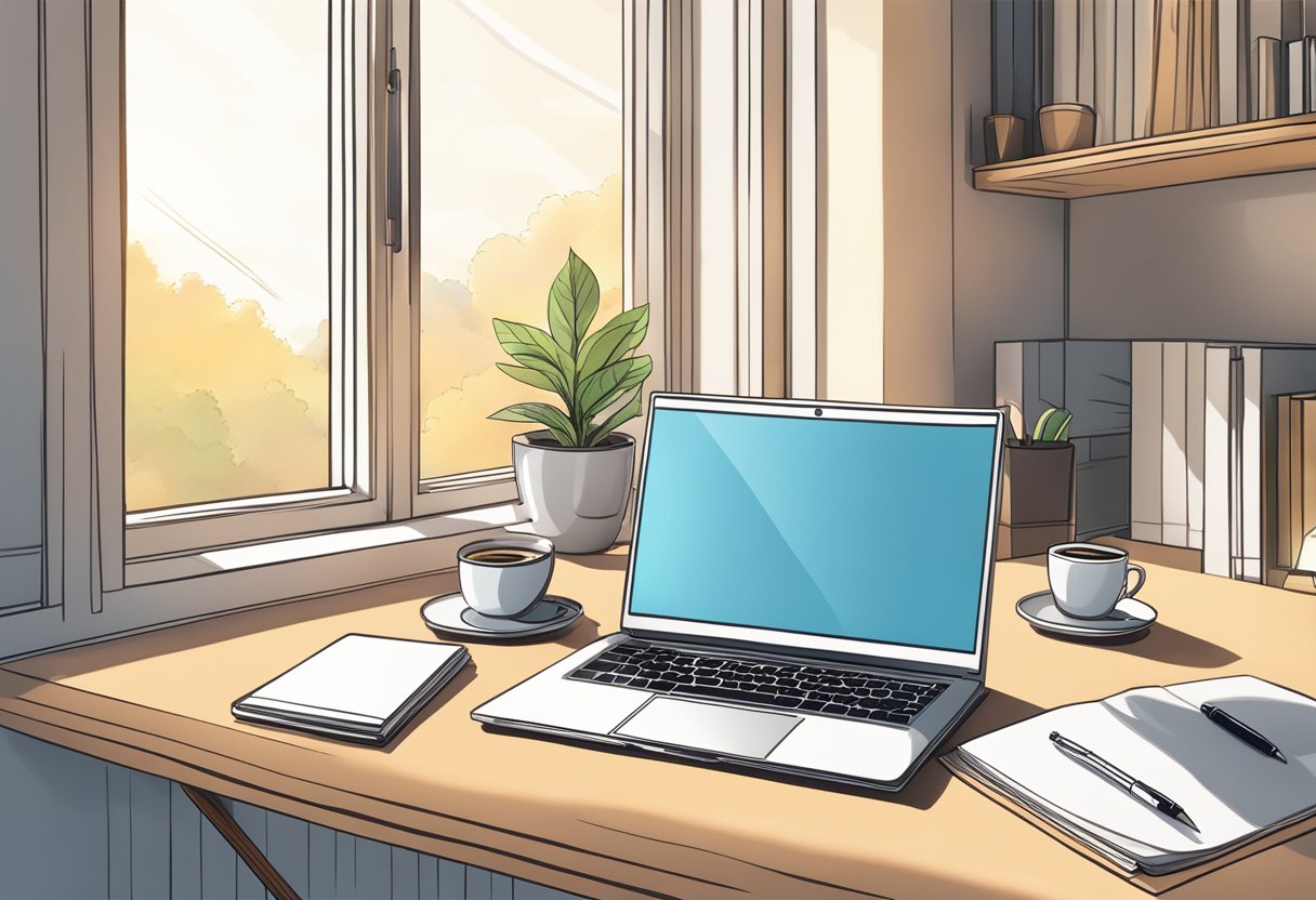 A laptop with a blank screen sits on a desk, surrounded by a notebook, pen, and coffee mug. A window shows a sunny day outside