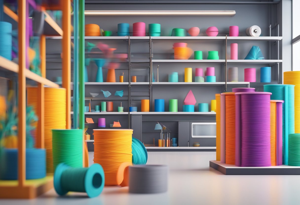 A 3D printer creating intricate, geometric sculptures in a bright, modern studio. Shelves display colorful filament spools and finished pieces