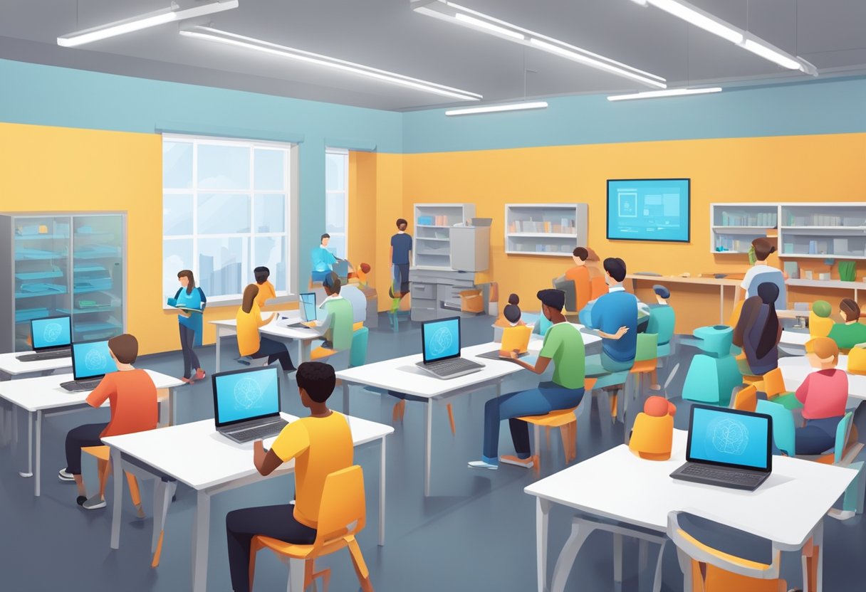 A classroom with students using 3D printers to create educational models and professionals utilizing 3D printing technology for skill development