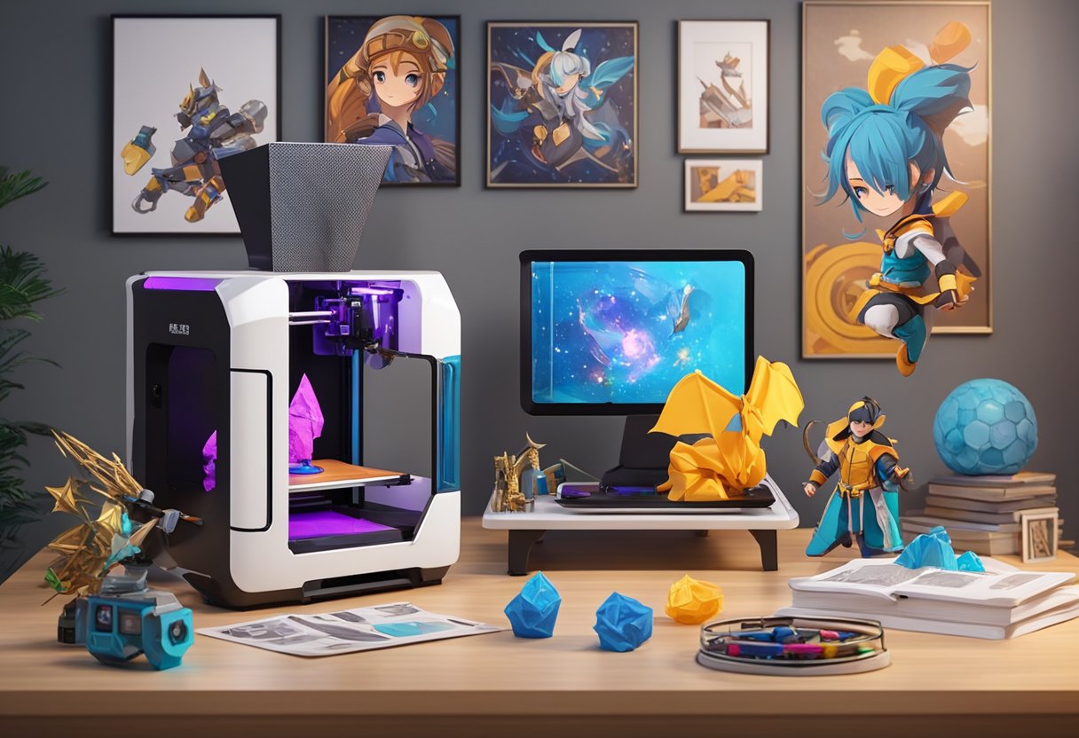 A 3D printer surrounded by colorful cosplay props and accessories, with a beginner's guide book open nearby. Posters and reference images adorn the walls, creating an inspiring and creative atmosphere for cosplayers