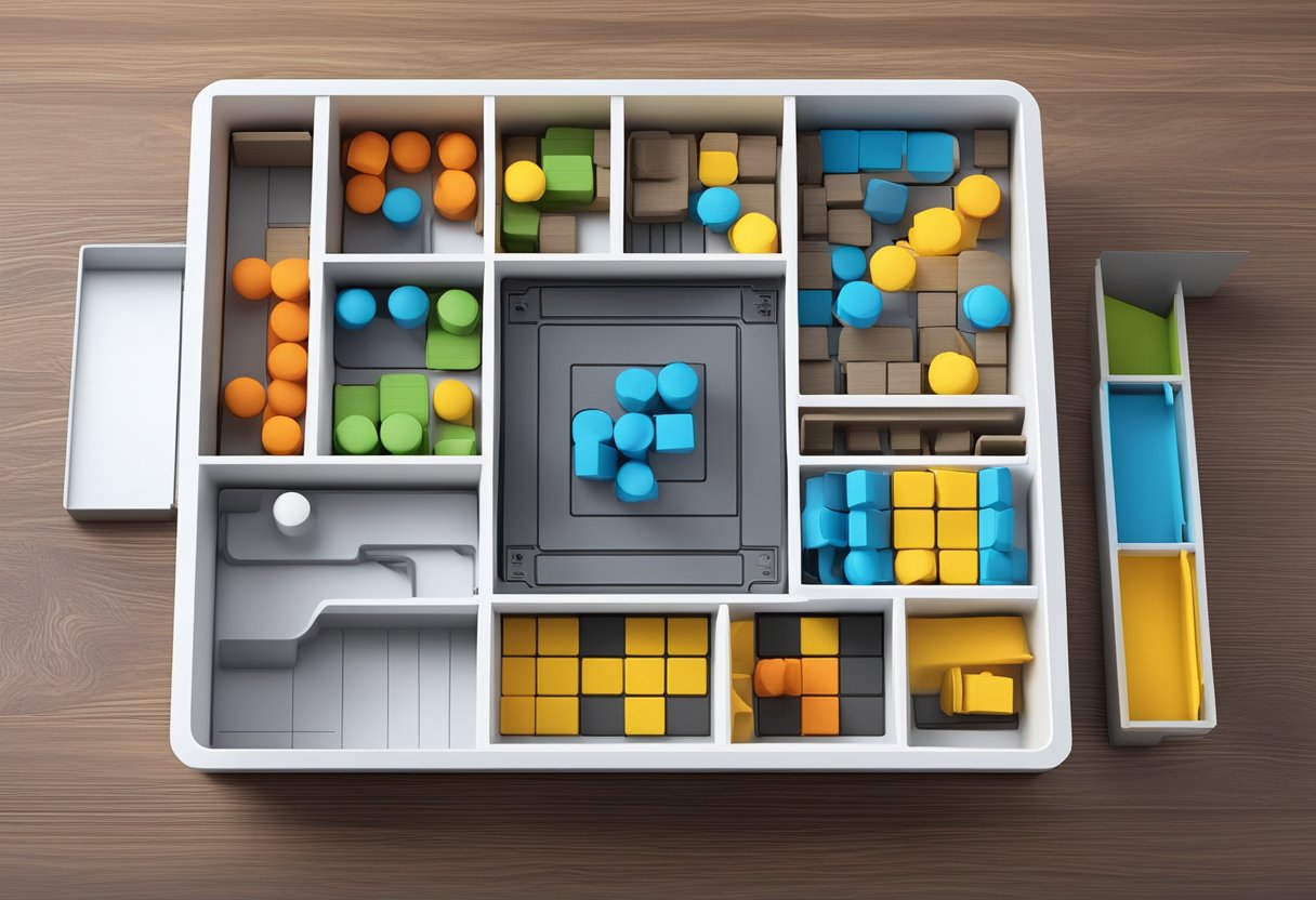 A 3D printed board game insert sits neatly within the game box, organizing components and maximizing storage space