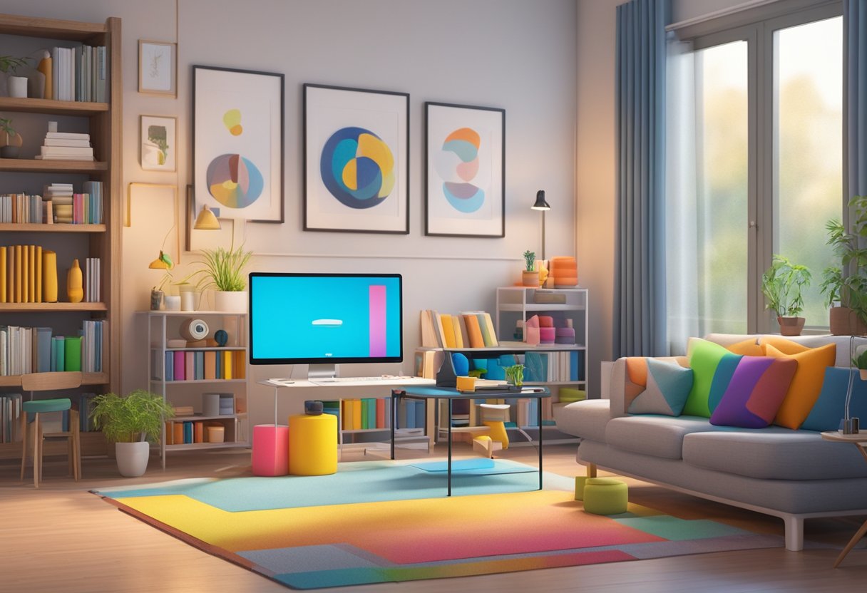 A cozy living room with a desk holding a compact 3D printer, surrounded by colorful filament spools and finished 3D printed objects on display