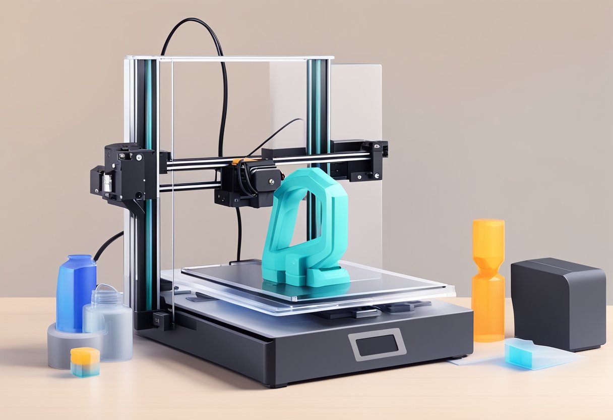 A 3D printer sits on a desk, creating a small plastic figurine. The printer is compact and sleek, with a clear display showing the progress of the printing