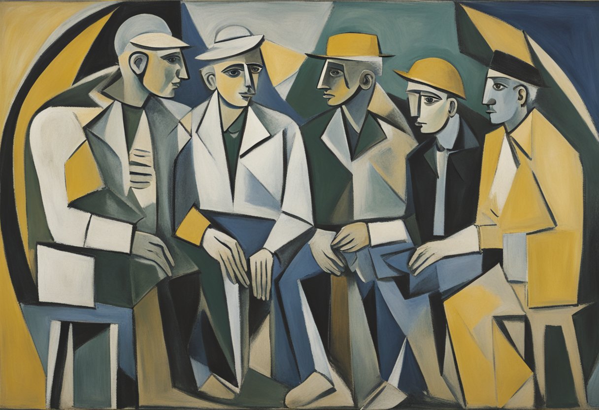 A group of supportive figures surrounding a male cancer warrior, providing care and encouragement while allowing him to maintain his independence during recovery