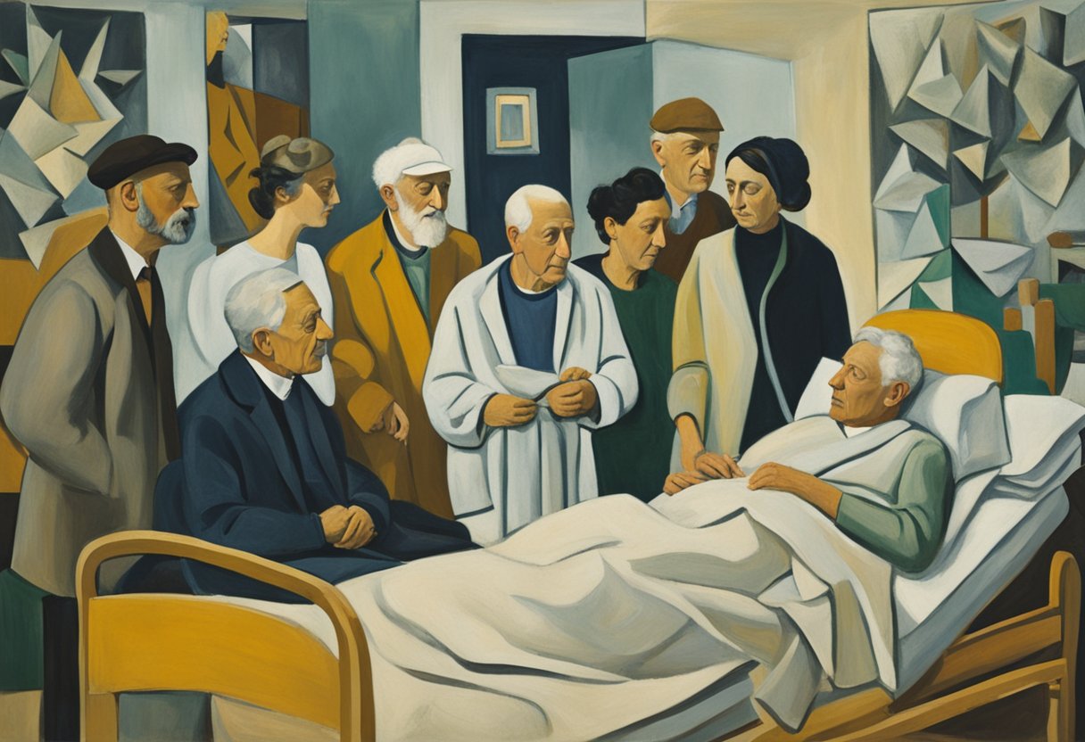 A man in a hospital bed, surrounded by supportive loved ones, while maintaining autonomy and discussing end-of-life considerations with a palliative care team