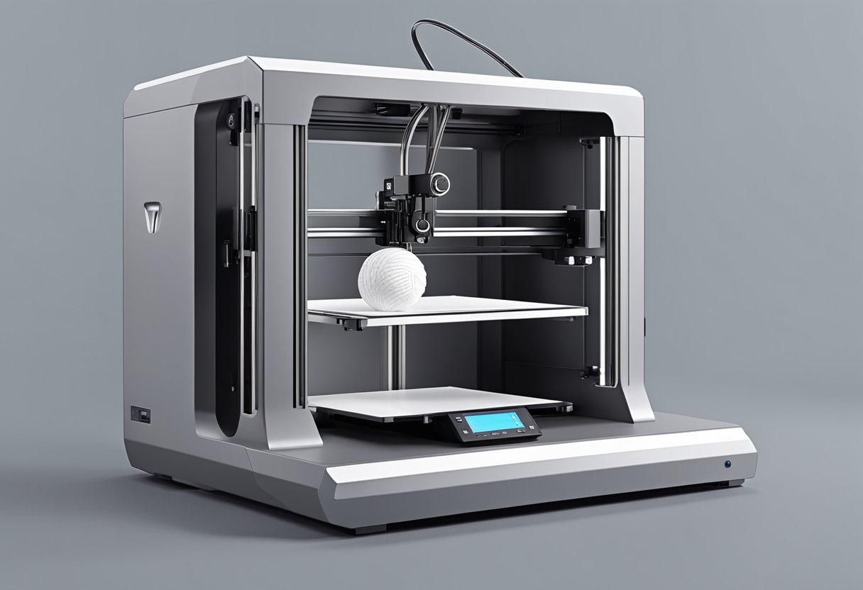 A 3D printer sits on a desk, printing a detailed object with precision and speed. The printer is compact and affordable, perfect for home use. Quality and efficiency are evident in the smooth, accurate printing process