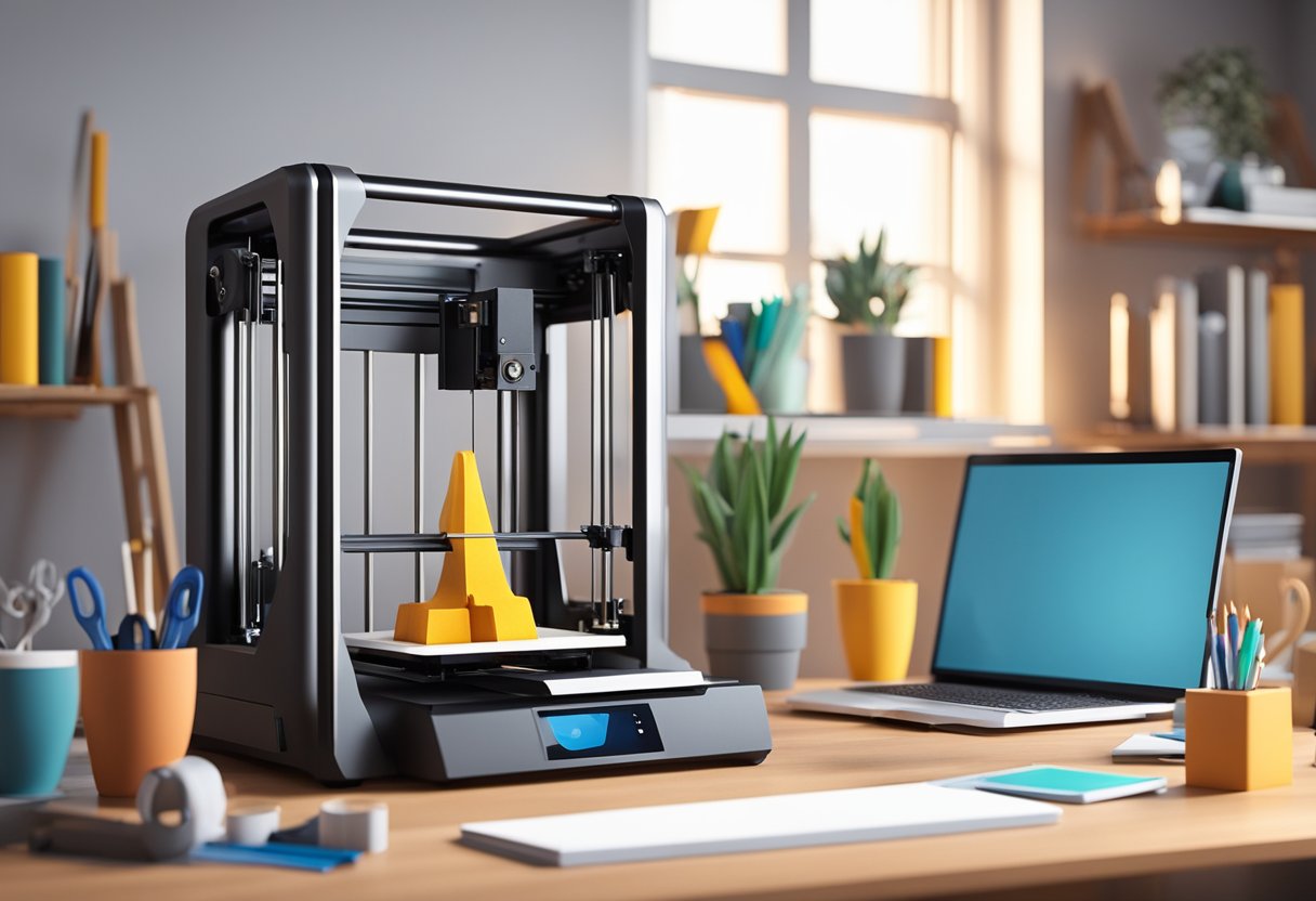 A 3D printer sits on a desk in a cozy home office. The printer is surrounded by various tools and materials, with a completed 3D printed object on display nearby